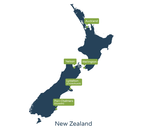 Map of New Zealand showing car shipping locations